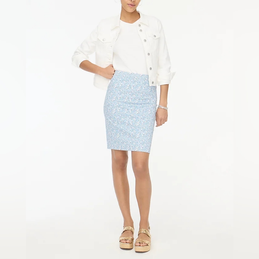 J. Crew Factory Daydream Blue Ivory Floral Pencil Skirt 20 Boho Office‎ Business